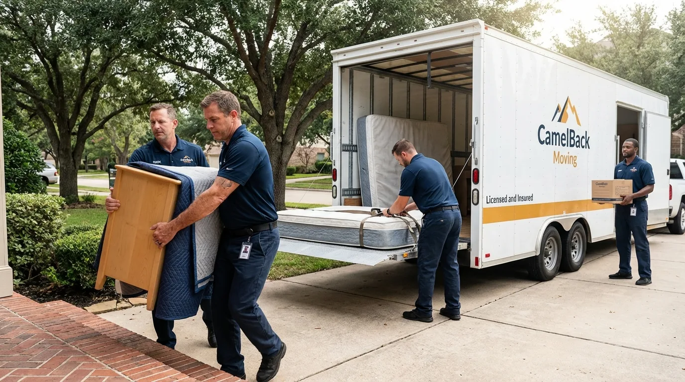 Crew loading residential truck for cross-state move from Victoria, KS
