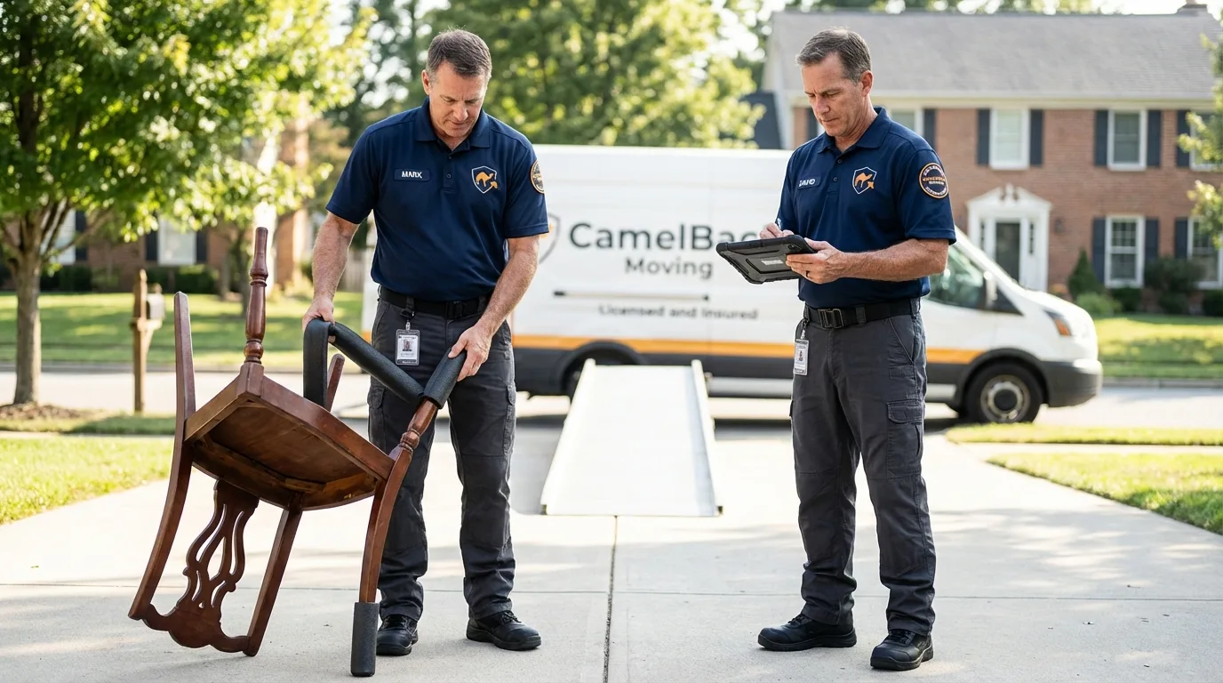 Movers inspecting furniture for damage prevention before loading in Victoria, KS