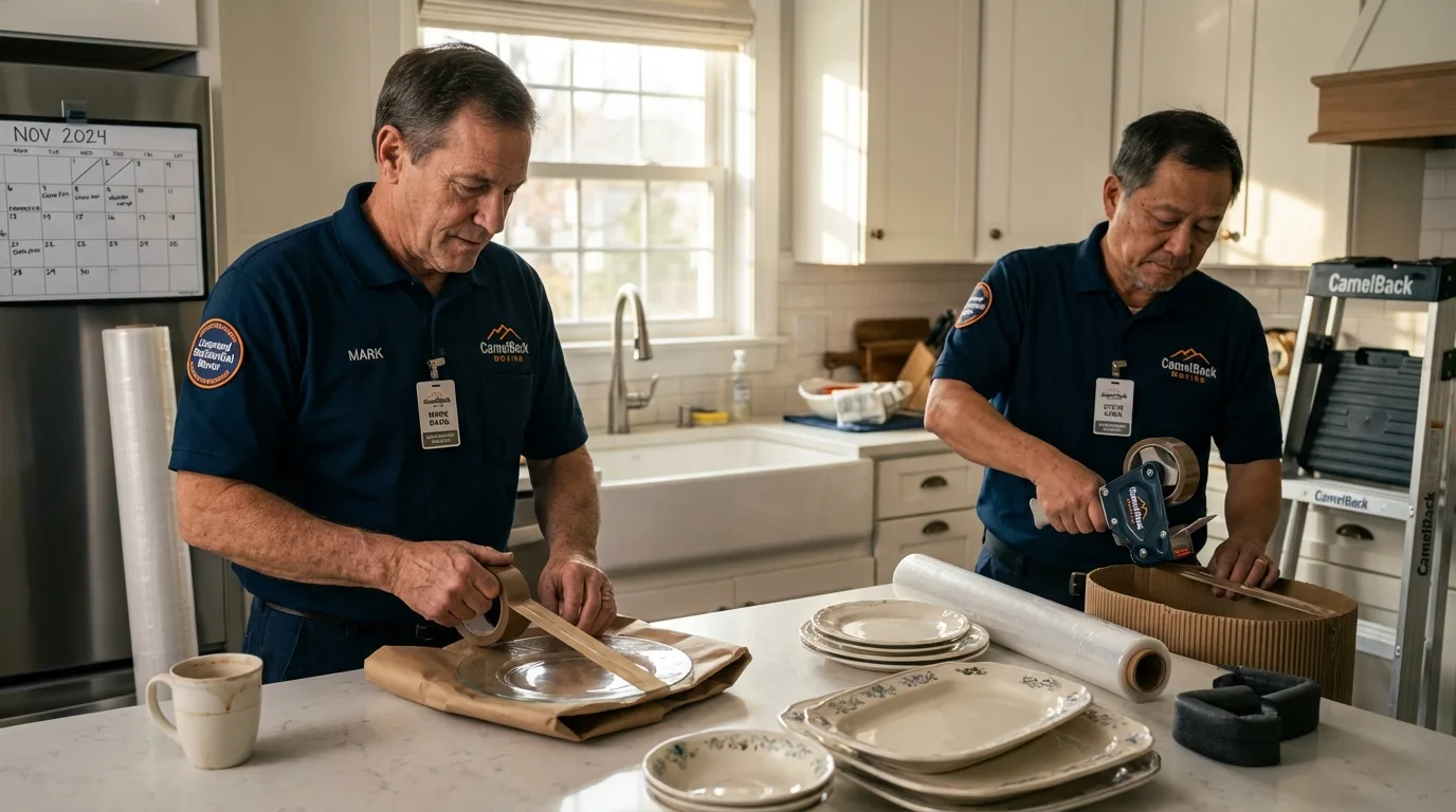 Professional crew packing kitchen dishware in Victoria, KS